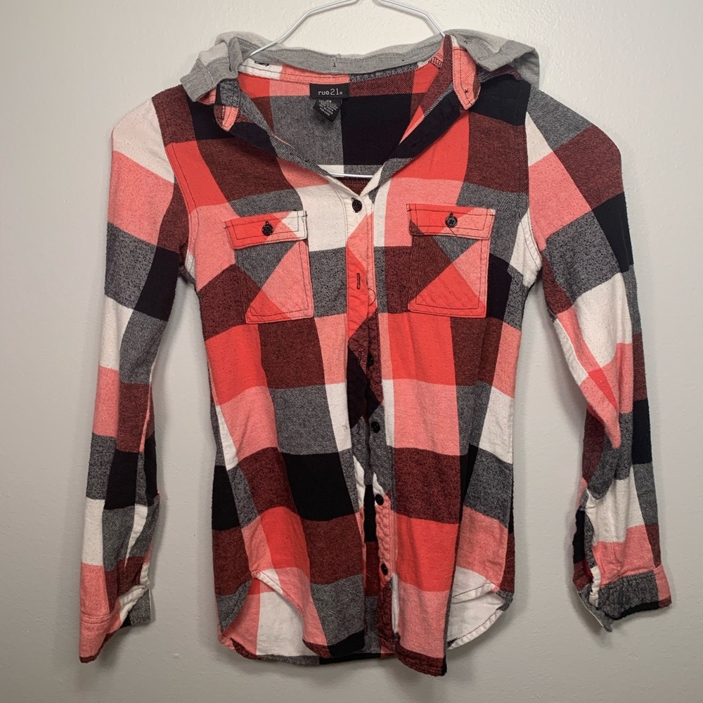 Long sleeve red flannel with hood.